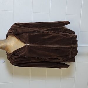 JMS Brown Velour Hooded Jacket Top 1X 16W Detailed Shoulder Pockets Zip Front